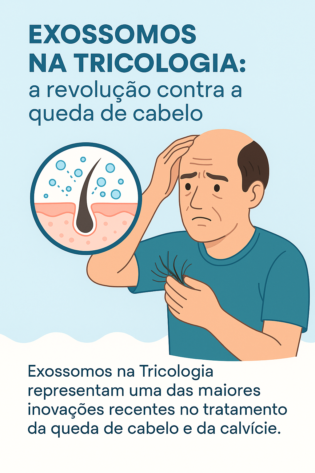 A tricologia vem evoluindo rapidamente e trazendo tecnologias inovadoras para o tratamento da alopecia androgenética, uma das principais causas da calvície tanto em homens quanto em mulheres. Entre essas novidades, os exossomos têm se destacado como uma das terapias mais promissoras no combate à queda de cabelo e no estímulo da regeneração capilar. O que são exossomos? Os exossomos são pequenas vesículas liberadas por células-tronco que carregam proteínas, fatores de crescimento e sinais biológicos capazes de estimular a regeneração tecidual. Na tricologia, eles funcionam como “mensageiros” que comunicam às células do folículo capilar para entrarem em processo de reparo e crescimento. Ou seja, quando aplicados no couro cabeludo, os exossomos ativam as células-tronco do folículo piloso, promovendo nascimento de novos fios, espessamento capilar e redução da inflamação local — algo essencial em casos de alopecia androgenética. Exossomos e alopecia androgenética A alopecia androgenética, também conhecida como calvície hereditária, está ligada à ação do hormônio DHT (derivado da testosterona), que enfraquece os folículos capilares, levando ao afinamento dos fios e, com o tempo, à aparência de careca. Enquanto tratamentos tradicionais, como o minoxidil e a finasterida, atuam de forma isolada, os exossomos oferecem uma abordagem mais completa: eles reduzem a inflamação, reativam folículos inativos e aumentam a vascularização local, criando um ambiente ideal para o crescimento capilar. Queda de cabelo: por que os exossomos são diferentes? Ação direta nas células-tronco do folículo piloso. Estímulo rápido de crescimento, com melhora visível em poucos meses. Tratamento unissex, eficaz em homens e mulheres. Mínimos efeitos colaterais, quando comparados a medicamentos tradicionais. Essas características tornam os exossomos uma alternativa inovadora não apenas para quem já sofre com a calvície, mas também para pessoas que estão nos estágios iniciais de queda de cabelo. Conclusão Os exossomos na tricologia representam uma das maiores evoluções recentes no tratamento capilar. Para quem enfrenta a alopecia androgenética, sofre com a calvície ou percebe os primeiros sinais de queda de cabelo, esta tecnologia pode ser a chave para recuperar a autoestima e conquistar fios mais fortes e saudáveis.